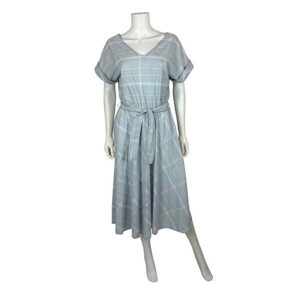 Vintage 80s Striped Dress Womens Large Blue Off The Shoulder Fit And Flare - Picture 1 of 11